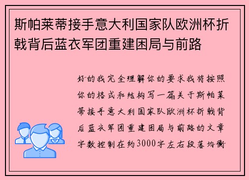 斯帕莱蒂接手意大利国家队欧洲杯折戟背后蓝衣军团重建困局与前路
